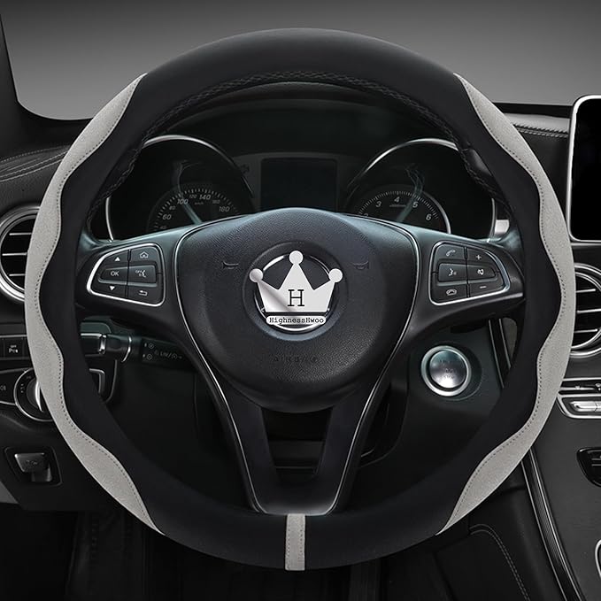 Luxury Suede Steering Wheel Cover for Cars, Soft Leather Padded Wheels Cover for Sedan, SUV, Thin Car Handle Cover, Universal Fit, Anti Slip, 14.75-15.15in, Gray