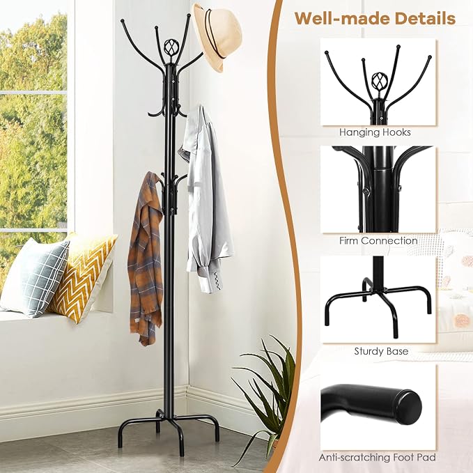 Tangkula Coat Rack Freestanding, 78 Inch Heavy Duty Metal Coat Tree, Free Standing Entryway Hat Coat Jacket Umbrella Holder, Clothes Hanger with Base Coat Rack Stand Black