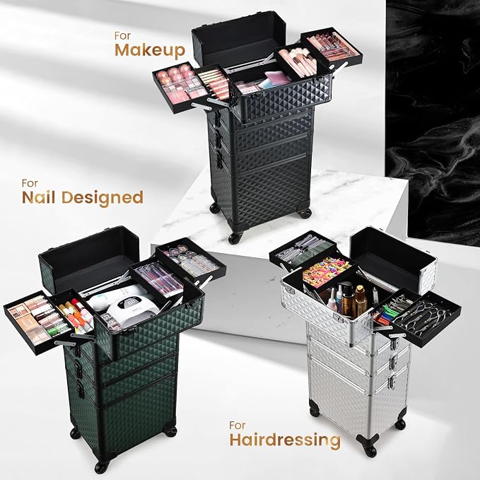 Stagaint Rolling Makeup Case 4 IN 1 Cosmetology Case on Wheels Salon Case | Makeup Organizer Box with Wheels Cosmetic Travel Case Nail Tech Storage Traveling Trunk Box All-Black Diamond