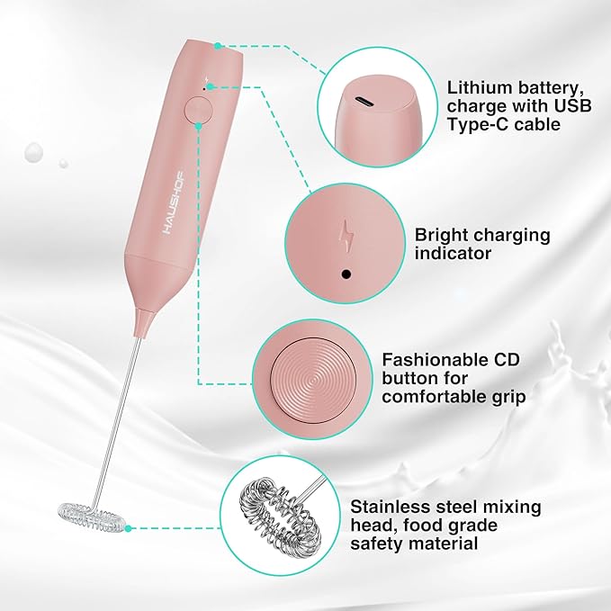HAUSHOF Powerful Rechargeable Milk Frother Wand with Stand, Handheld Electric Foam Maker, Drink Mixer with Detachable Stainless Steel Whisk for Coffee Latte, Cappuccino, Matcha, Pink