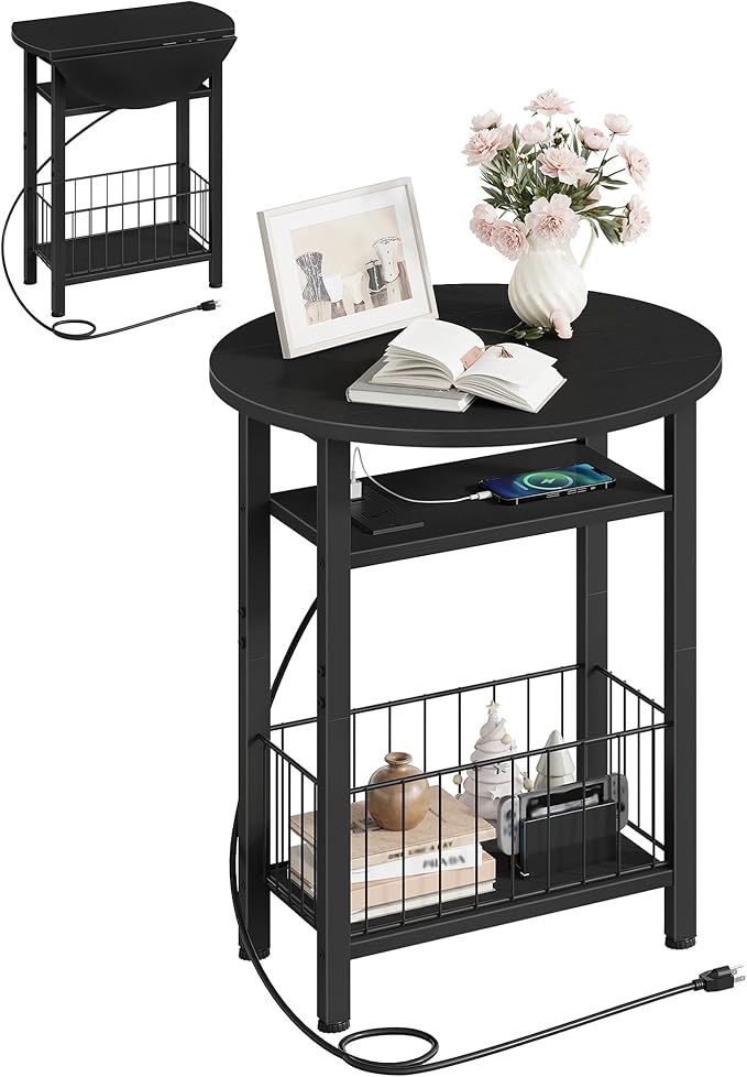 Side Table with Charging Station, Folding Side Table with Storage, 3-Tier Narrow End Table with Folding Top, Small Side Table for Small Spaces, for Living Room, Bedroom, Black TBZ10UBB