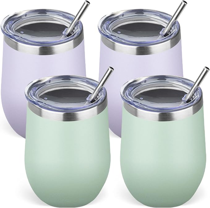 12oz/4 Pack Stainless Steel Wine Tumbler with Lid and Straw, Double Wall Vacuum Insulated Wine Tumbler Glasses, Stemless Travel Mugs for Hot and Cold Drinks, Coffee, Wine, Cocktails