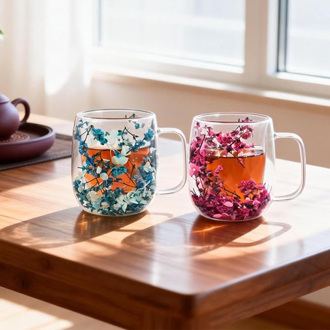 Real Flower Glass Tea Cup, Double Wall Borosilicate Coffee Mug with Preserved Flowers, Clear Aesthetic Floral Glassware, Romantic Gift for Women, Mom, Girlfriend, Mother’s Day & Women’s Day