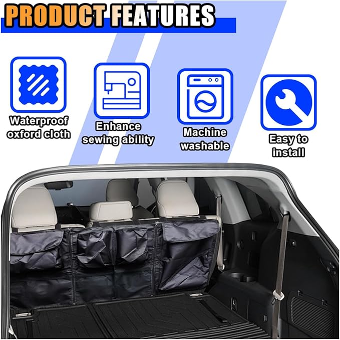 Back Seat Trunk Organizer, Large Capacity Hanging Storage Organizer with Adjustable Straps, Waterproof Cargo Storage Bag with Pockets, Car Interior Accessories for Car, Truck, SUV (Black)