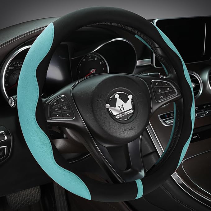 Luxury Suede Steering Wheel Cover for Cars, Soft Leather Padded Wheels Cover for F150, Trucks, Jeep, Van, Auto Thin Large Car Handle Cover, Universal Fit, Anti Slip, 15.2-16in, Green
