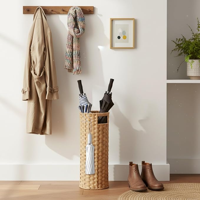 Lounsweer 20.8" H Extra Tall Rattan Umbrella Stand, Hand Woven Umbrella Rack Organizer Freestanding with Detachable Drip Tray and 2 Hooks, Bucket for Home, Entryway, Mud Room, Office, 7.5" L x 7.5" W