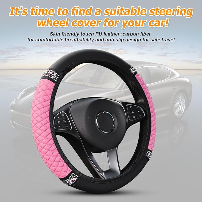 Bling Car Steering Wheel Cover, 15 Inch Crystal Rhinestone Elastic Stretch Leather Steering Wheel Protector, Vehicle Decor Accessories for Women Girls, Universal for RV, SUV, Truck (Pink)