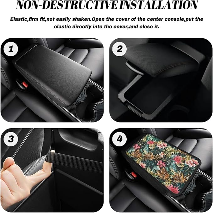 CLOHOMIN Pink Hibiscus Car Center Console Cover Accessories Palm Leaves Armrest Seat Box Cover for Most Car, Truck, and SUV Tropical Automotive Arm Rest Cushion Pad