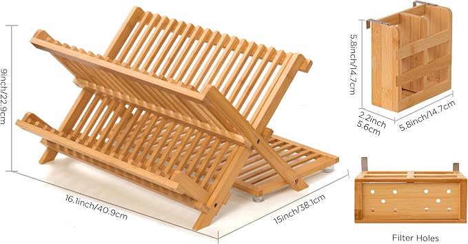 Bamboo Dish Drying Rack with Utensil Holder, 3 Tier Collapsible Dish Rack for Kitchen Counter, Large Folding Drying Holder, Dish Drainer, Kitchen Organizers and Storage