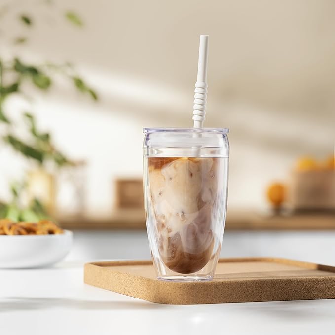 Bodum 13.5oz Pavina Insulated Travel Mug Tumblers with Lid and Straw, BPA Free Plastic, Pack of 2