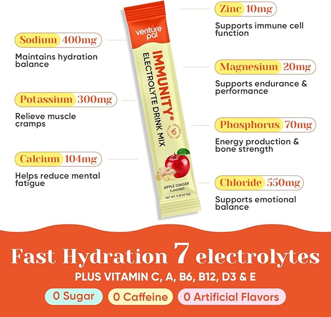 Venture Pal 2-in-1 Hydration + Immune Electrolytes Powder Packets with 7 Electrolytes & 6 Vitamins, Elderberry, Turmeric, Echinacea | Liquid Daily IV Drink Mix | Sugar Free | Keto Friendly, 16 Sticks