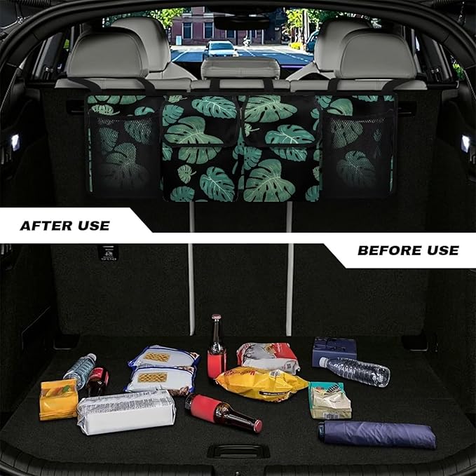 Tropical Palm Leave Large Capacity Car Trunk Organizer, Waterproof Oxford Backseat Hanging Storage Bag with 4 Pockets, Foldable Car Organization for Car Tools, Car Accessory for SUV Truck