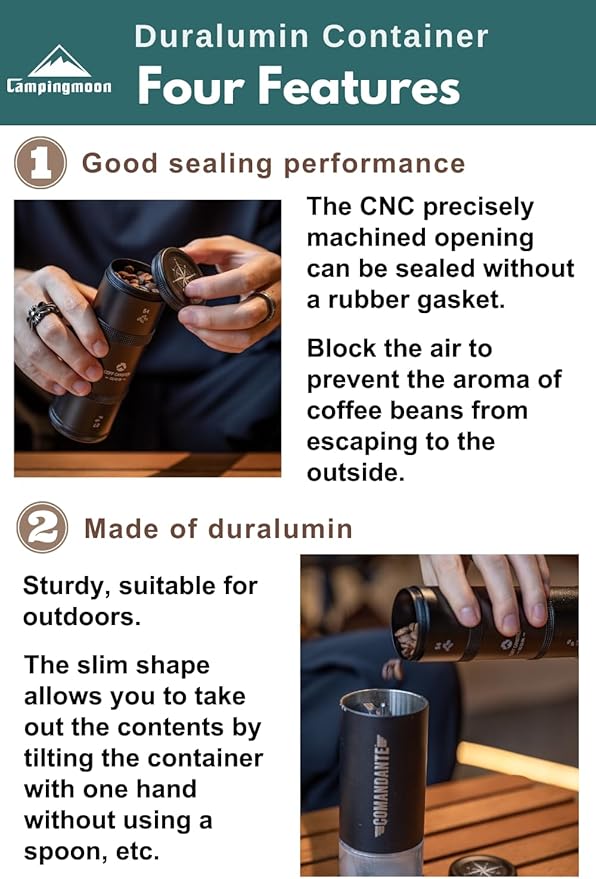 CAMPINGMOON 2-Layer Portable Coffee Bean Storage Canister Airtight Duralumin Coffee Travel Container Camping Lightweight Slim Mini Tea Caddy CNC Machined Metal Spice Jar Black S15g 30g CC-50-BK
