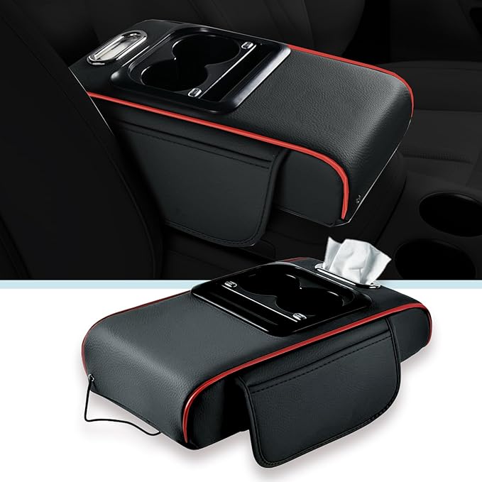 Car arm Rest Cover Pad (Upgraded Type-C), 5-in-1 Center Console Cover with Cup Holder, Tissue Box Slot, Mobile Phone Storage Slot, Suitable for Most Car Console, 13.8''x7.1''x3.0'' (Black-Red)