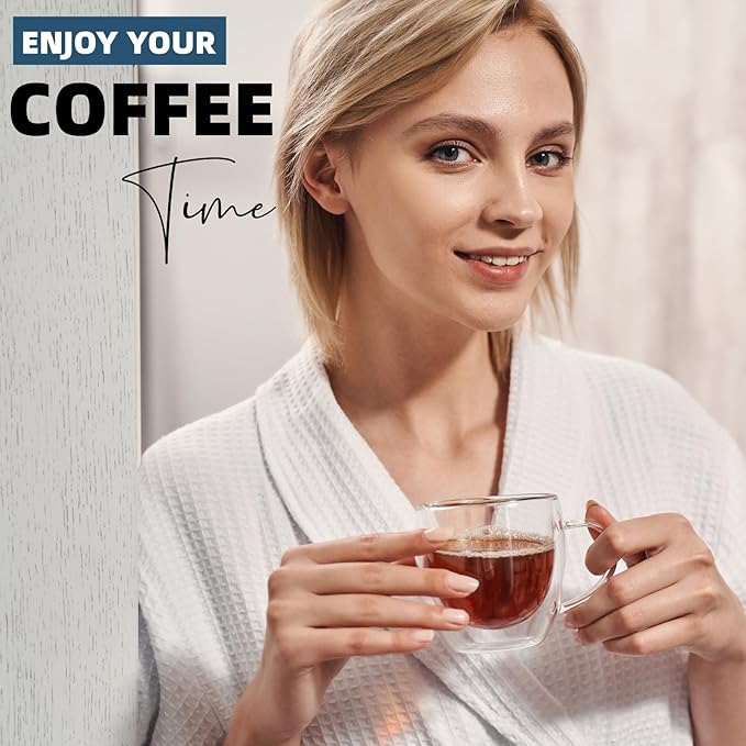 8oz Espresso Cups,Double Wall Glass Coffee Mugs Set of 2,insulated glass coffee cups,glass mugs with handles,borosilicate glass mug for Cappuccino,Latte,Americano,Tea,8oz (2 Pack)