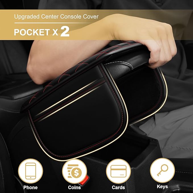 Center Console Cover for CR-V: Armrest Cover for Car with 2 Storage Bags - Scratch & Wear Resistant & Waterproof Leather Console Cover,Anti-Scratch Auto Armrest Pad Accessory （Black&Red