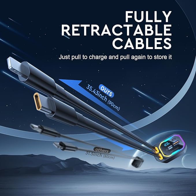 Retractable Car Charger, 146W 4 in 1 (PD 65W) for iPhone 16 Car Charger Fast Charging, 30W for iPhone Car Charger Fast Charging, RGB Light, Car Charger Adapter for iPhone 16 15 14 13 12,Samsung