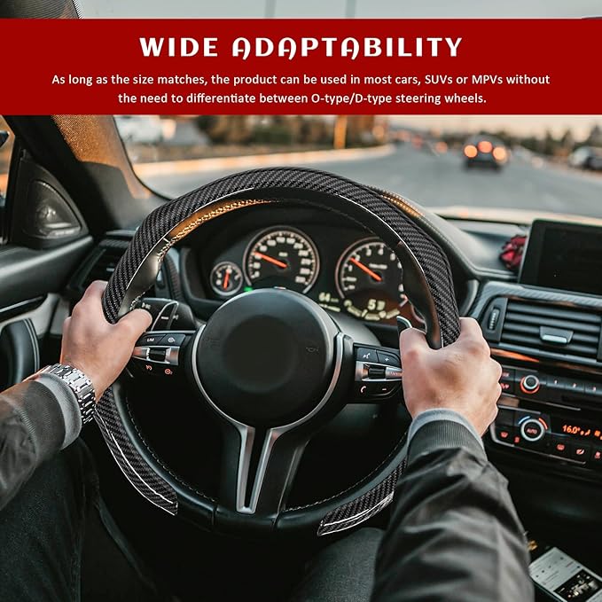 Sun Walker Carbon Fiber Car Steering Wheel Cover, 15" Anti-Slip Wear-Resistant Steering Wheel Protector Stylish Interior Decor, Ultra-Thin Comfortable Leather Wheel Cover for Women Men (Black)