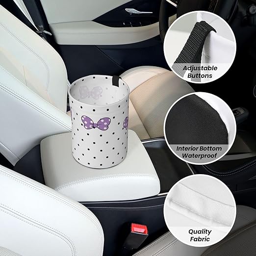 Cute White Dots Purple Bow Car Trash Can Garbage Cans Foldable,Small Hanging Car Organizer Storage Bag Leak Proof, Auto Back Seat Trash Bin Universal for Truck, SUV, Outdoor Travel