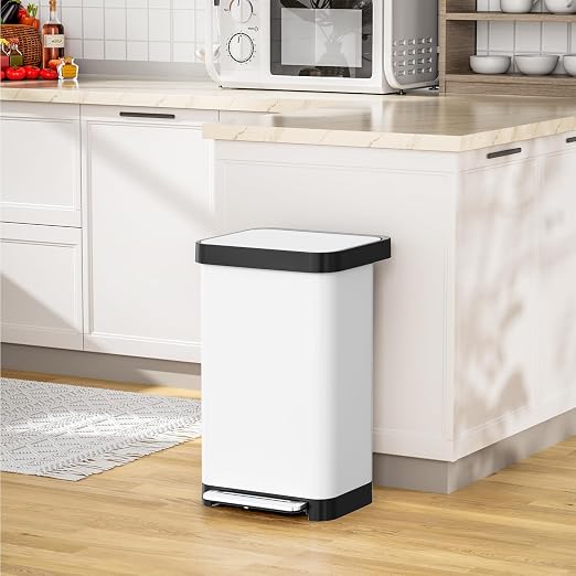 Arlopu 50L/13.2Gal Stainless Steel Trash Can W/15 Inner Bags & Rear Trash Bag Storage Compartment, Kitchen Step Trash Can with Lid & Built-in Deodorizer Box, Garbage Bin W/Foot Pedal (White)