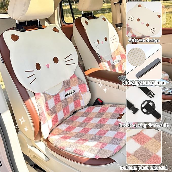 Cute Cartoon Car Seat Cushion with Back Car Neck Pillow and Lumbar Support Pillow Cute Car Seat Pillow Lumbar Pillow for Driving Fatigue Relief