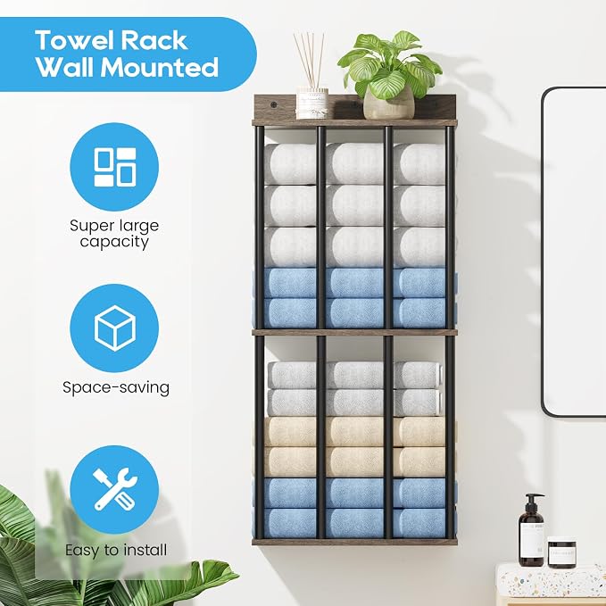 Towel Racks for Bathroom Wall Mounted, Updated 4 Bar Wall Towel Holder | Large Bathroom Towel Storage Rack for Rolled Towels, Modern Metal Towel Organizer Shelf with Wooden Storage Shelf