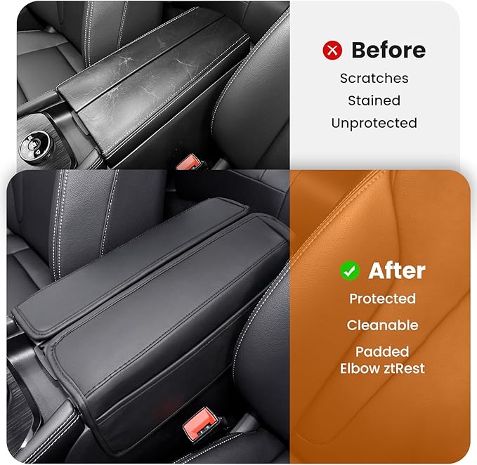 Center Console Armrest Cover for Nissan Rogue 2021-2026, Middle Console Pad Lid Cover Protector Elbow Arm Rest with Side Pockets, Rogue Interior Accessories, PU Leather (Black Stitches)