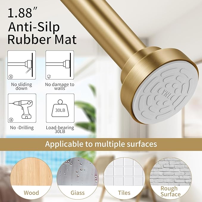 YNL Shower Curtain Rod 34-82 Inches (2.8-6.8ft) Adjustable Spring Shower Rod No Drilling, Non-Slip, Never Rust, Stainless Steel, Suitable for Bathroom Window Living room, Gold