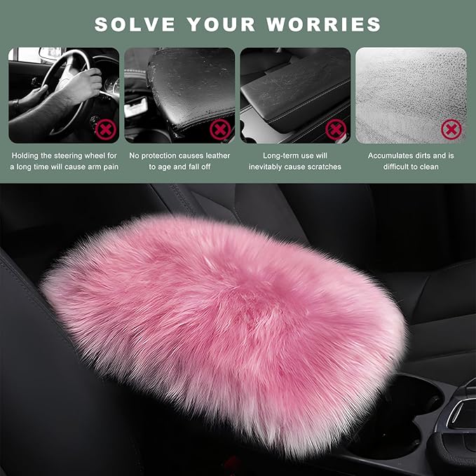 Furry Car Center Console Cover Pad, 11.8"×7.9" Auto Fluffy Plush Center Armrest Protective Cover, Comfortable Fuzzy Armrest Seat Box Protector Cushion for Cars Trucks SUVs (Pink)