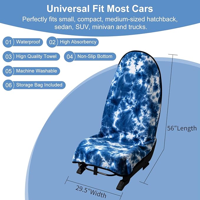 Car Seat Towel Covers with Storage Bag, Waterproof Sweatproof Towel Seat Cover Universal Front Seat Covers Washable Non-Slip Seat Protector for Workouts(Blue & White - Point, 1Pcs Front Seat Cover)