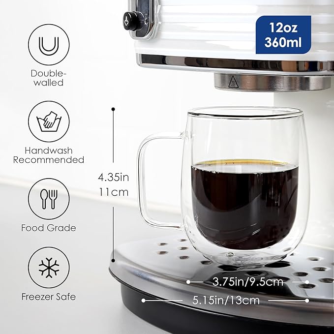 vzaahu Double Wall Coffee Mugs with Handle [2-Pack,12 Oz] 360ml Glasses Espresso Cups of Heat Resistant Clear Glass Mug Set for Cappuccino, Tea, Latte, Ice Beverage