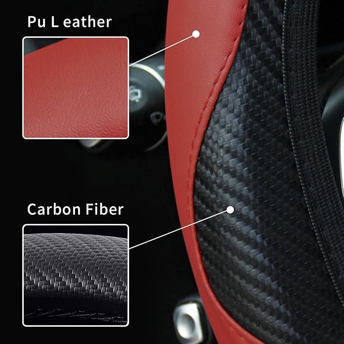 Car Steering Wheel Cover, 15 inch Carbon Fiber Microfiber PU Leather Elastic Steering Wheel Protector for Unisex, Anti-Slip Breathable Car Interior Accessories for Most Cars (Wine Red)