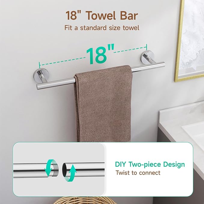 USHOWER Polished Chrome Bathroom Accessories Set, 18-Inch Towel Bar Set Wall Mounted, Durable SUS304 Stainless Steel Bathroom Hardware Set, 8-Piece