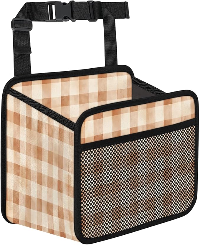 Retro Brown Checkered Car Backseat Organizer PU Leather Truck Back Seat Trash Bag Universal Hanging Storage Box Travel Accessories Foldable