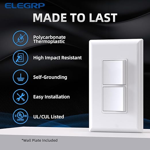 ELEGRP Single Pole Decorator Double Rocker Switch, 15A 120V, in-Wall On/Off, Self-Grounding, Screwless Wall Plate, UL Listed (1 Pack, Glossy White)