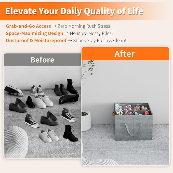 Aokeyee 2 Pack Shoe Organizer for Closet, Foldable Shoe Storage Organizer Box w/Clear Cover and 4 Reinforced Handles, Space Saving Shoes Bin Fits up to 32 Pairs, Grey