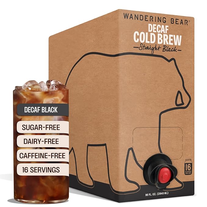Wandering Bear Decaf Cold Brew Coffee On Tap, Iced Coffee Drink - Bold, Smooth, No Sugar Added, Shelf-Stable, Ready to Drink, Gluten Free & Vegan Decaf - 16 Servings of 6fl.oz - 96fl.oz