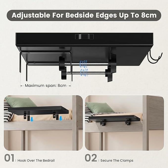 Bedside Shelf Metal, Metal Clip on Bedside Table Shelf for top bunk,Bedside Caddy for College Dorm Room Essentials for Guys(Black)