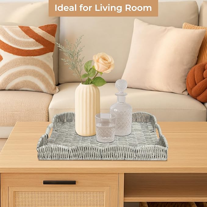 Rectangle Wicker Scalloped Tray, Hand Woven Synthetic Rattan Serving Tray with Handles, Coffee Table Decorative Tray Basket for Modern Boho Rustic Home Ornament or Organizing (Grey)
