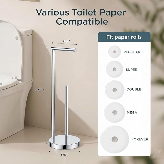 FORIOUS Toilet Paper Holder Stand, Modern Freestanding Tissue Roll Holder for Bathroom, Durable SUS 304 Stainless Steel and Weighted Base Toilet Paper Stand, Storage for 4 Rolls, Polished Chrome