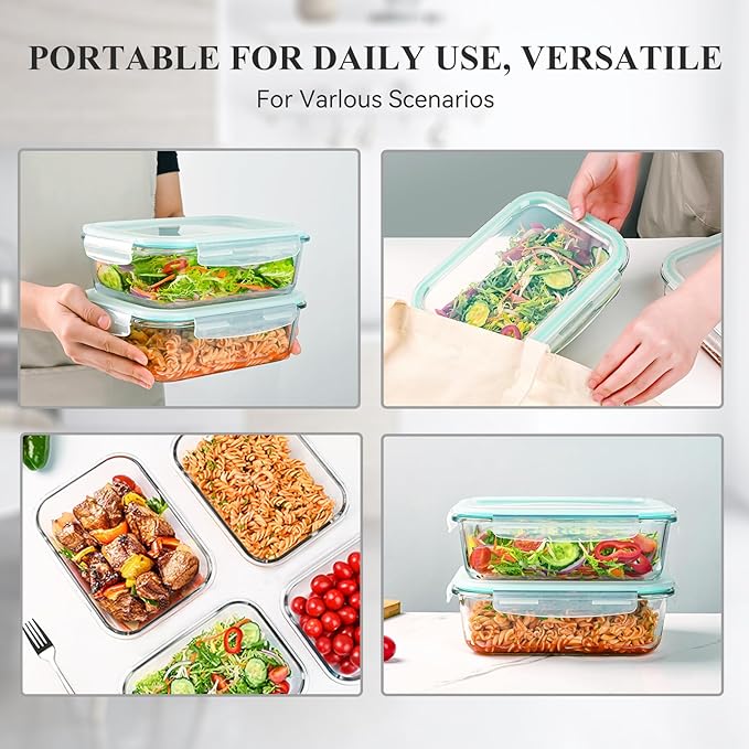 GEHE 4 Pack 52 oz Large Glass Food Storage Containers with Lids - Glass Meal Prep Containers For Baking, Storing, Airtight Lunch Container, Freezer, Dishwasher, Microwave and Oven Safe, BPA Free