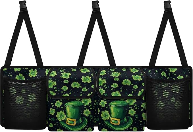 CLOHOMIN Green Hat Car Trunk Organizer for Sedan Green Leaf Car Organizers and Storage with 4 Pockets Hanging Back Seat Organizer St. Patrick's Day Car Storage Accessories Interior