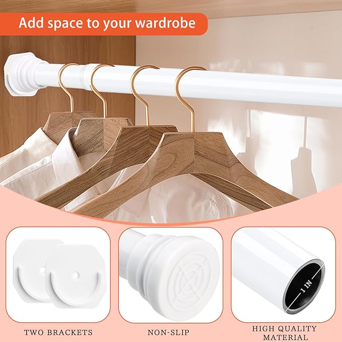 Closet Rod - 30-64 Inches, No Drilling Closet Rod Extender Hanging - White Adjustable Clothes Hanging Bar, for Closet, Bathroom, Windows with No Drilling Holder
