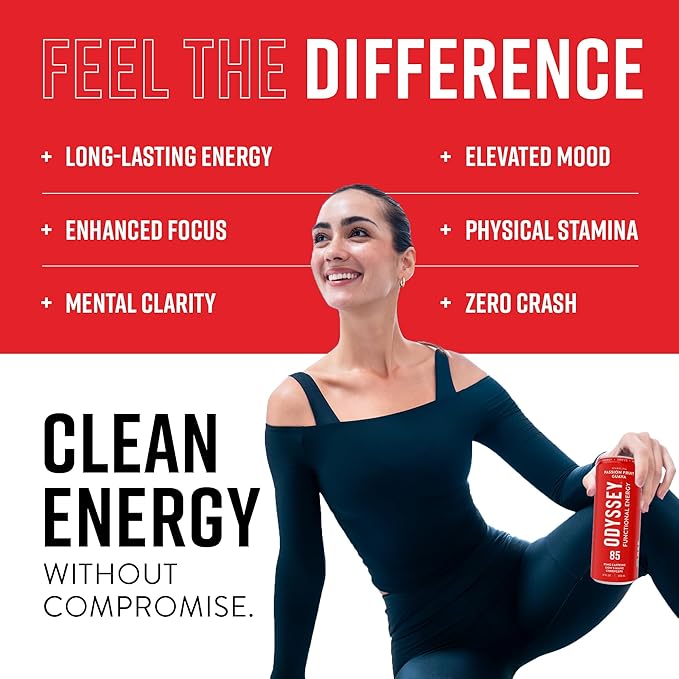 Odyssey Functional Energy Drink for Focus, Cognition & Mood Support 12 Pack - Adaptogenic Drink with 85mg Green Tea Caffeine, Lion’s Mane, Cordyceps, L-Theanine & Ginseng, Passion Fruit Orange Guava