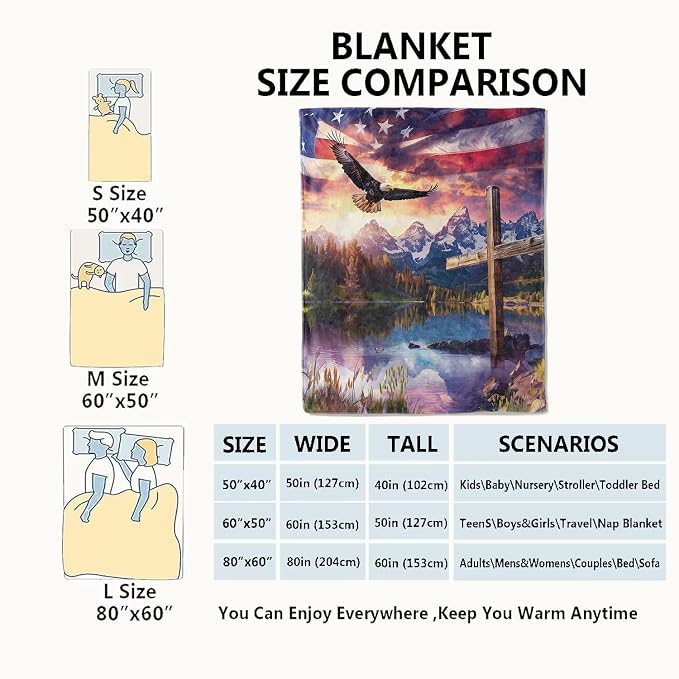 Spirit of Freedom Majestic Eagle Blanket,American Flag Cross Patriotic Throw Blankets,Gifts for Adults,Lightweight Soft Fleece,for Sofa Couch Bed Room Travel,Birthday Christian Decor,40x50in
