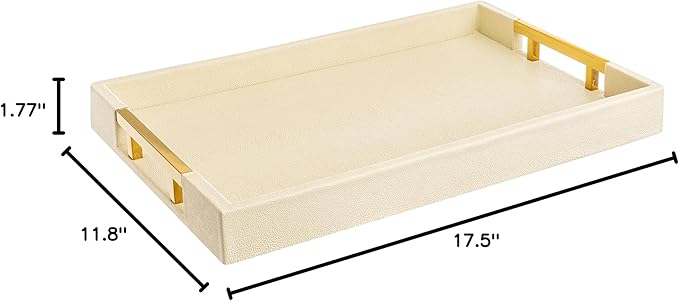 Modern Elegant 17.5”x12” Rectangle Cream Rectangle Shagreen Faux Leather Decorative Tray Ottoman Tray Coffee Table Perfume Living Room Kitchen Serving Tray with Gold Polished Metal Handles.