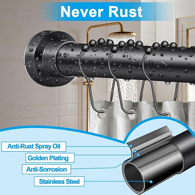 YNL Shower Curtain Rod 34-96 Inches(2.8-8ft), Adjustable Shower Rod No Drilling, Non-Slip, Never Rust, Stainless Steel, Suitable for Bathroom Window, Matte Black