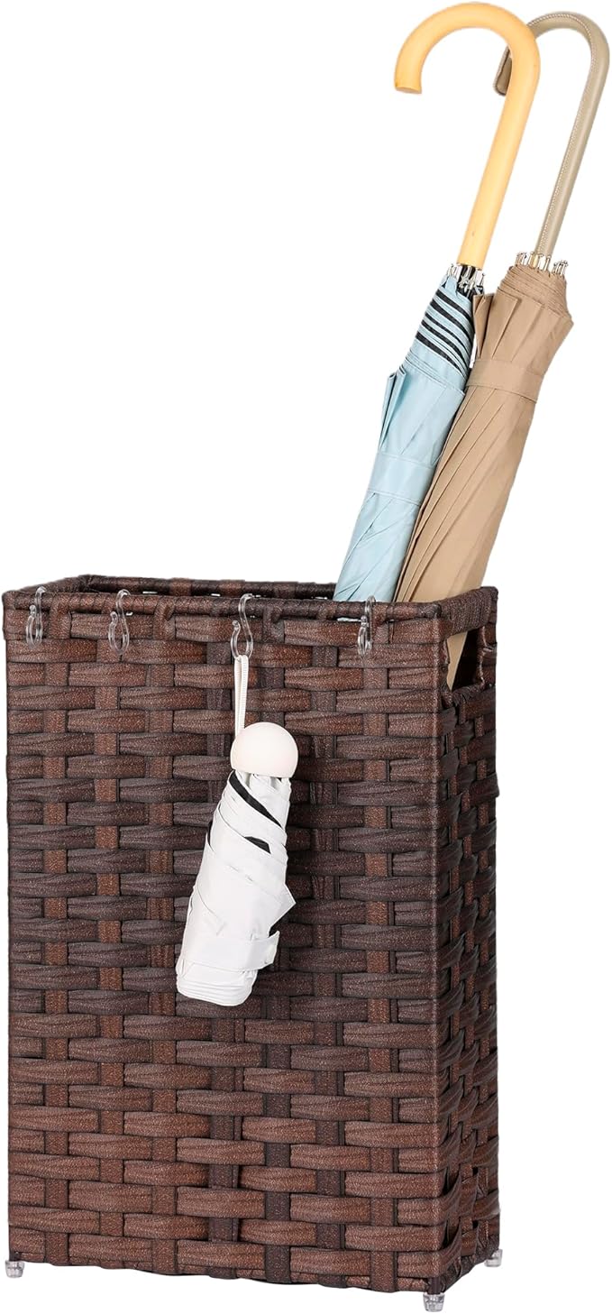 Rattan Umbrella Stand, Umbrella Holder for Entryway, Hand Woven Umbrella Rack Organizer Freestanding, with a Detachable Drip Tray, 4 Hooks, 11.8" L x 5.5" W x 16.5" H