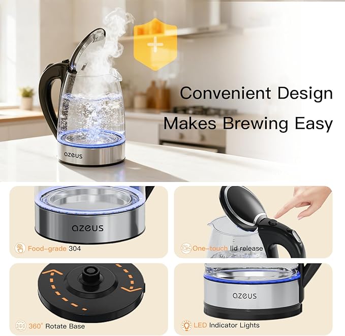 AZEUS Glass Electric Kettle - 1.8L Fast Boiling Auto-Shutoff & Anti-Dry Heat Safety Kettle for Home/Office, Borosilicate Glass with LED Indicator (white)