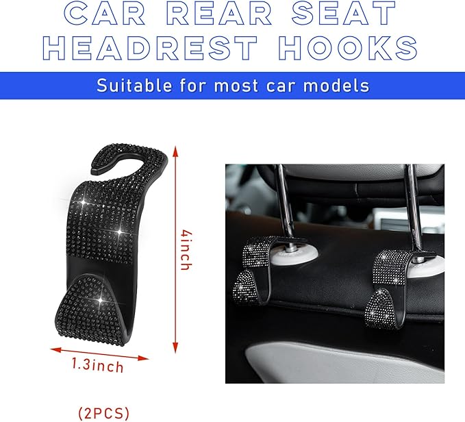 2 PCS Bling Car Seat Headrest Hooks, Crystal Rhinestone Back Seat Hanging Storage Organizer, Vehicle Seat Hanger Holder for Purse Handbag Coat, Interior Car Accessories (Black)